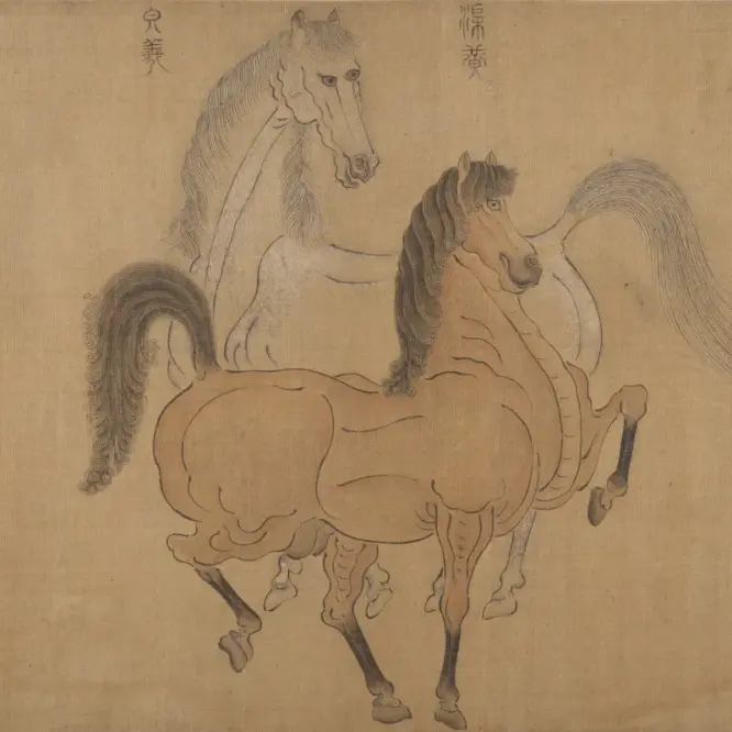 Drawing of two horses of different colors