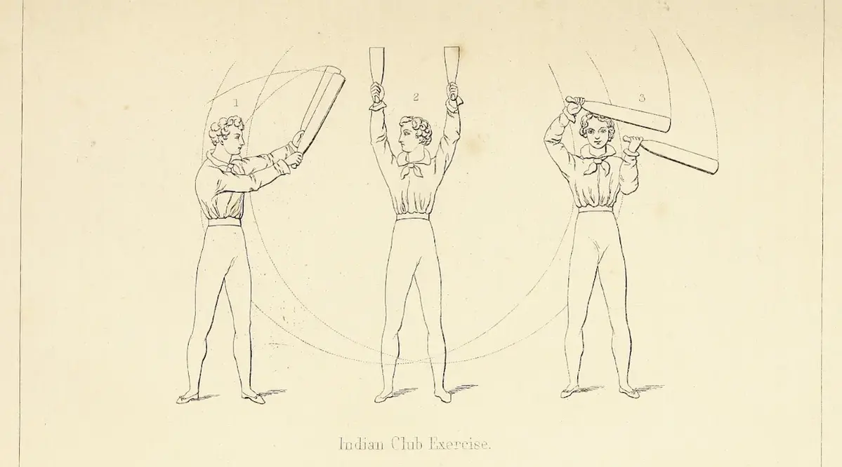 Line drawing from 1855 of a man performing Indian club exercises