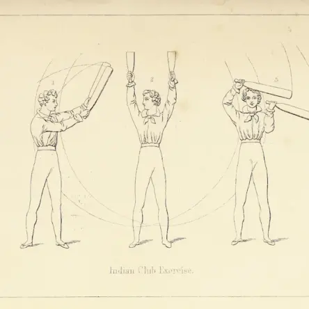 Line drawing from 1855 of a man performing Indian club exercises
