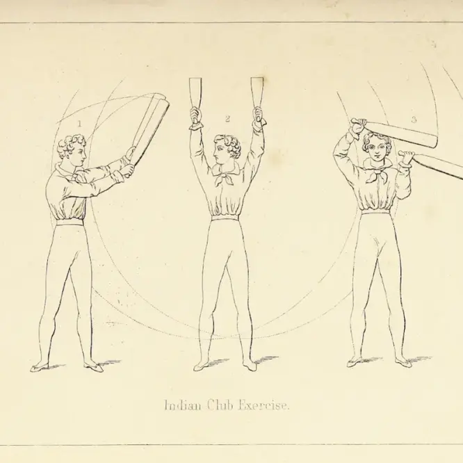 Line drawing from 1855 of a man performing Indian club exercises