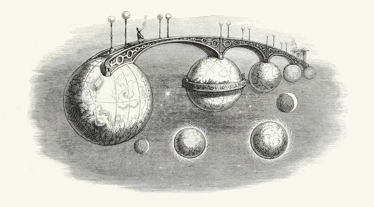 Fantasy line drawing of a floating bridge connecting different planets or worlds
