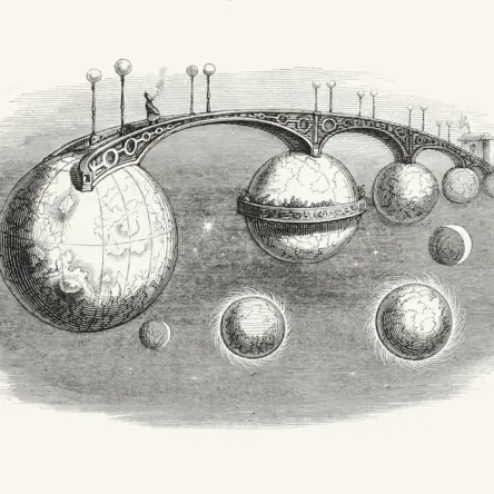 Fantasy line drawing of a floating bridge connecting different planets or worlds