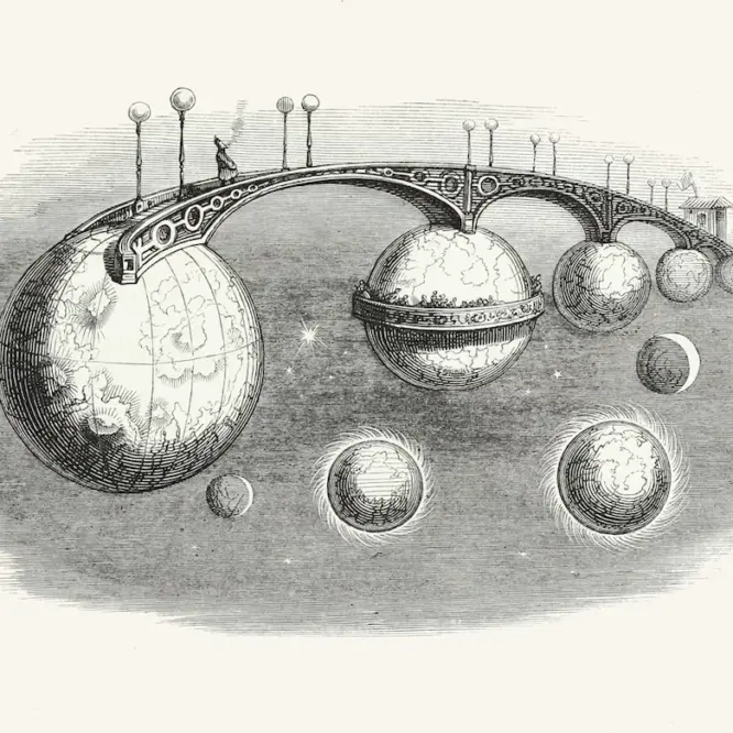 Fantasy line drawing of a floating bridge connecting different planets or worlds