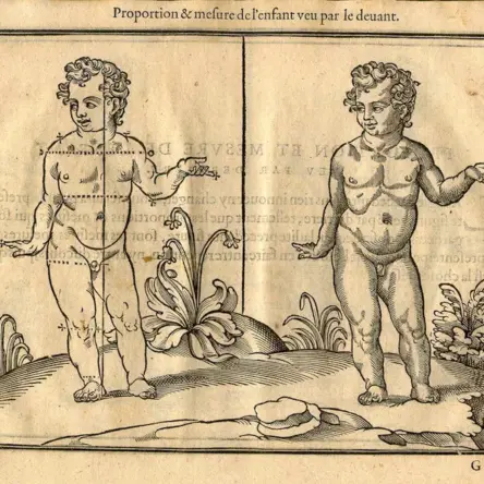Woodcut book illustration from 1608 comparing the proportions of two children.