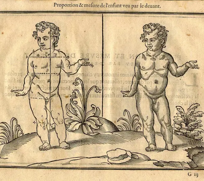 Woodcut book illustration from 1608 comparing the proportions of two children.