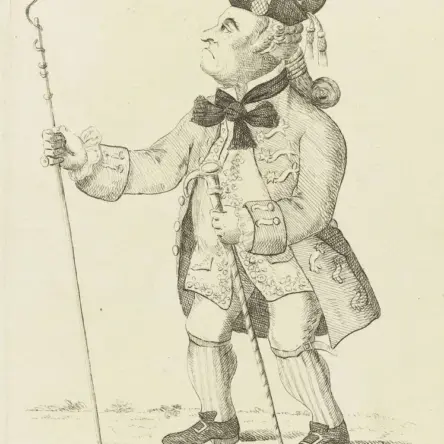 Illustration of a dandy man with big hair, a big hat, and a cane.