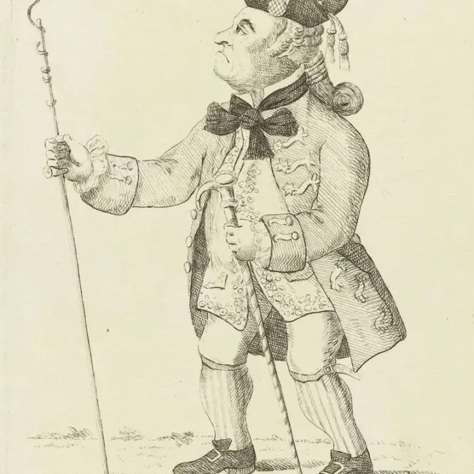 Illustration of a dandy man with big hair, a big hat, and a cane.