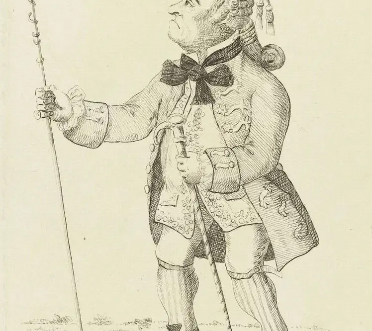 Illustration of a dandy man with big hair, a big hat, and a cane.